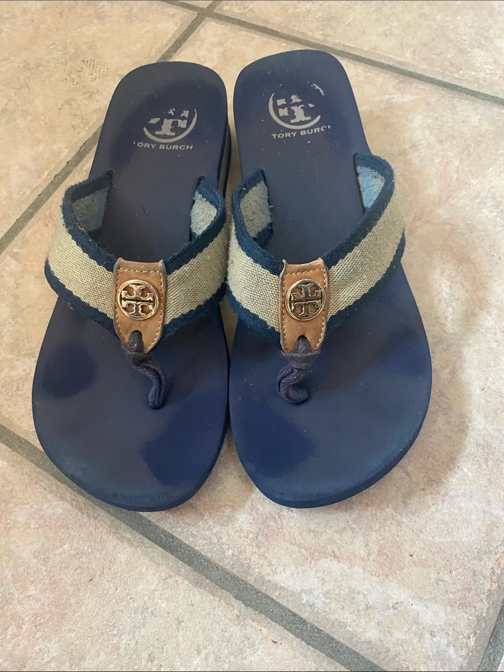 Tory Burch Navy and Beige Logo Canvas Thong Sandals